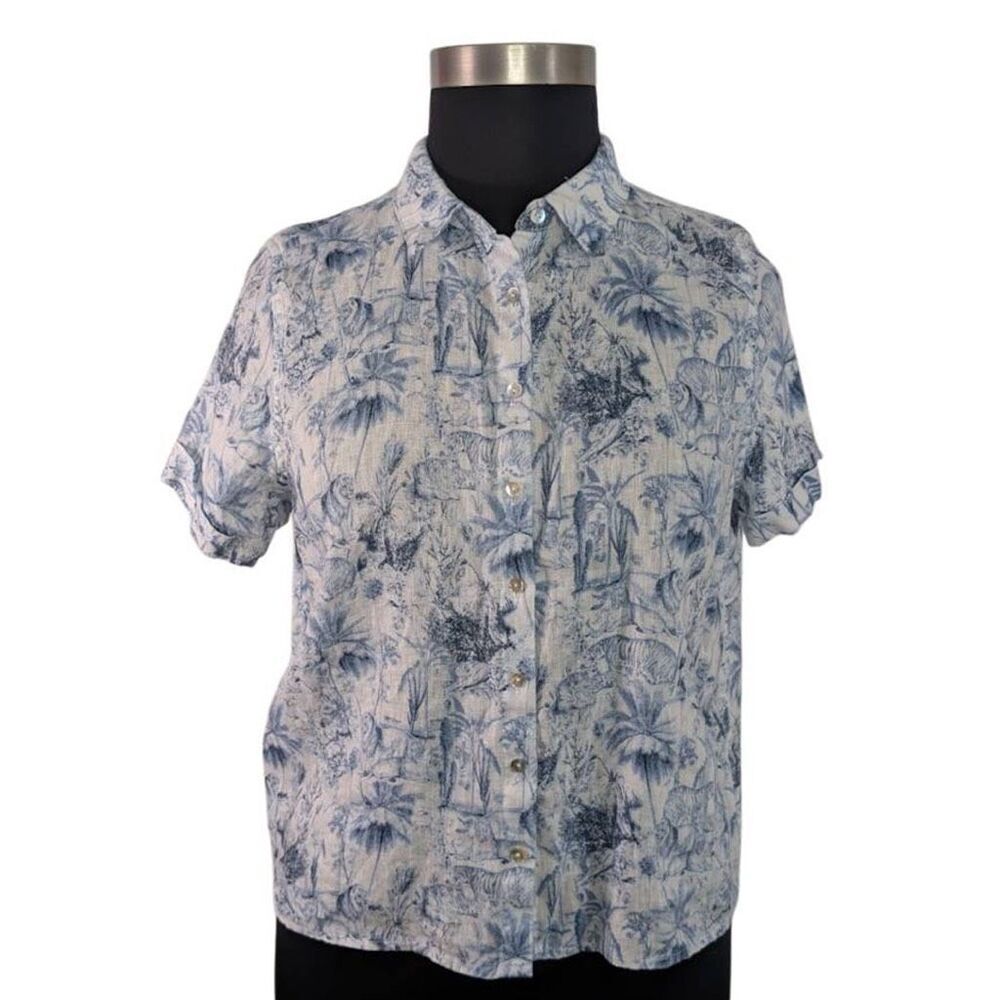 Rachel Zoe L Blue Safari Linen Button Down Shirt  Coastal Vacation Summer Beach